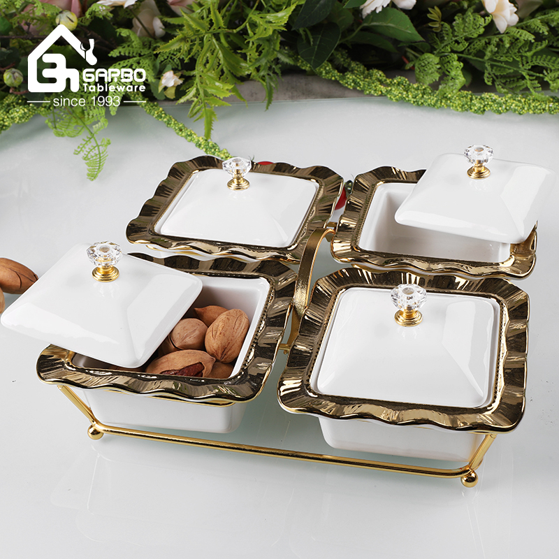 Luxury 4PCS Ceramic Bowls Set with Golden Tray for Food Serving