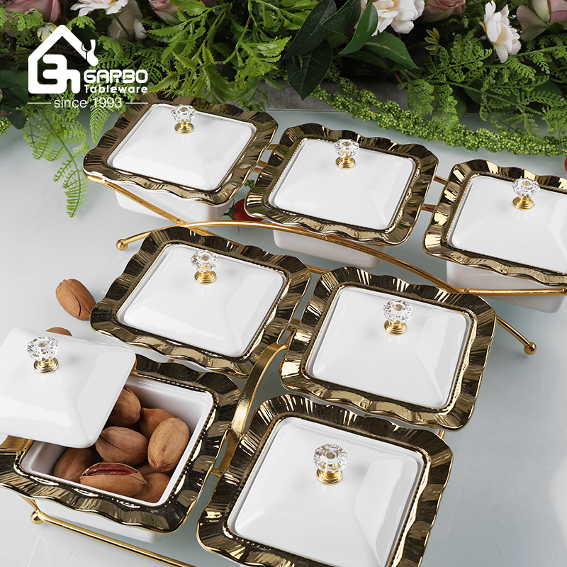 Luxury 4PCS Ceramic Bowls Set with Golden Tray for Food Serving