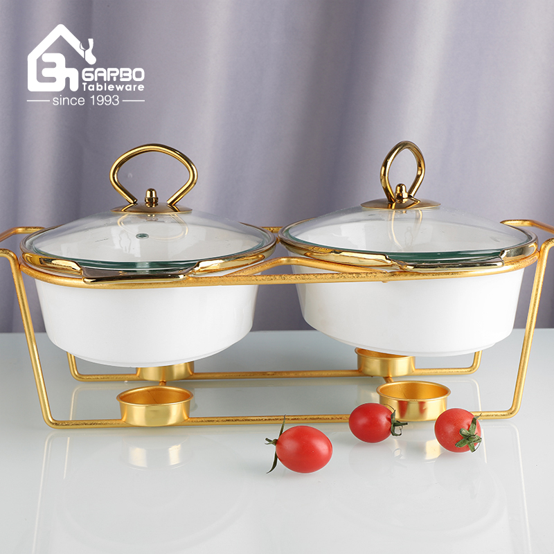 Fire-heatable gold  ceramic casserole set with glass lid porcelain pot with metal holder