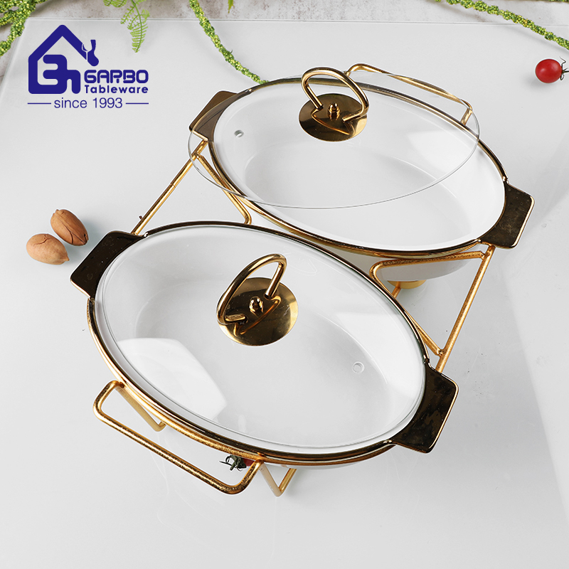 Fire-heatable gold  ceramic casserole set with glass lid porcelain pot with metal holder