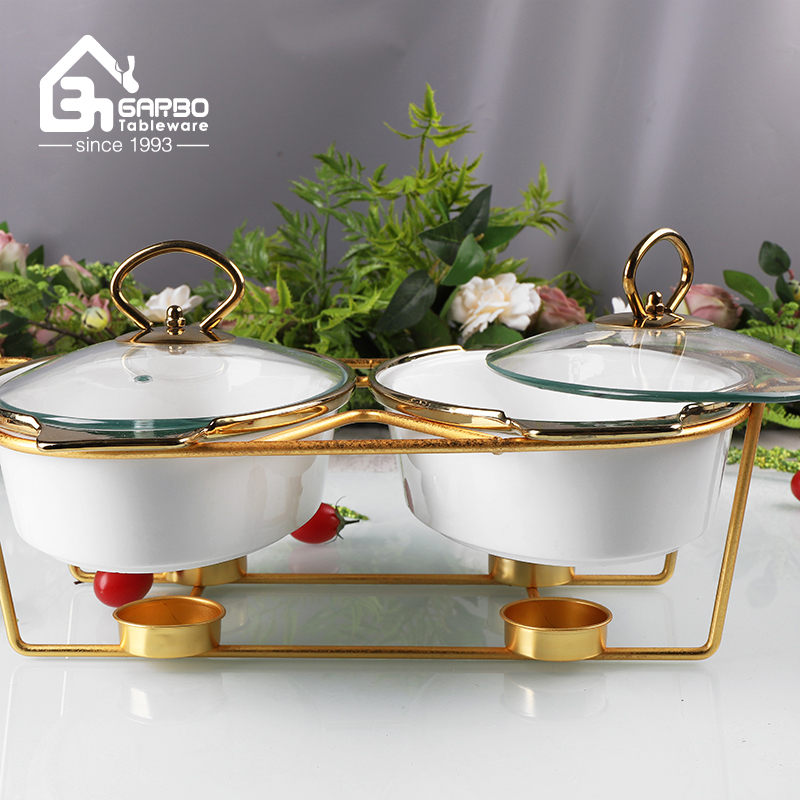 Fire-heatable gold  ceramic casserole set with glass lid porcelain pot with metal holder