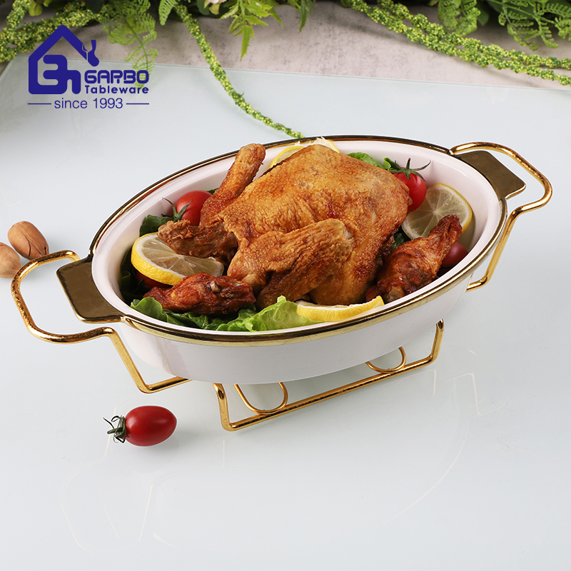 Fire-heatable gold  ceramic casserole set with glass lid porcelain pot with metal holder