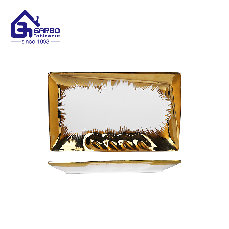 10.04 inch rectangle ceramic dish with golden rim for wholesale