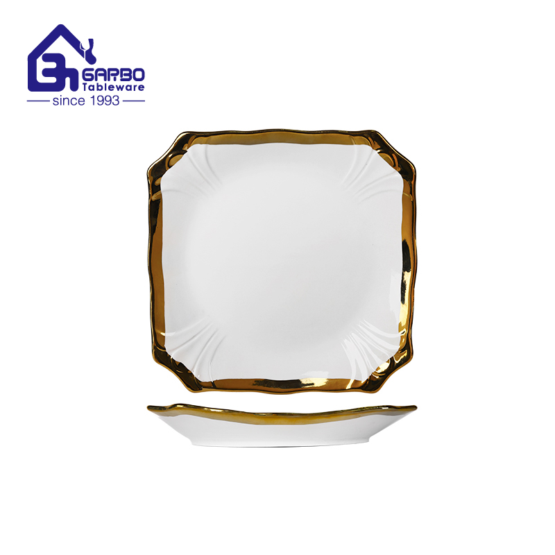 luxury Golden banded  9 inches white porcelain dishes irregular Magnolia engraving ceramic plates 