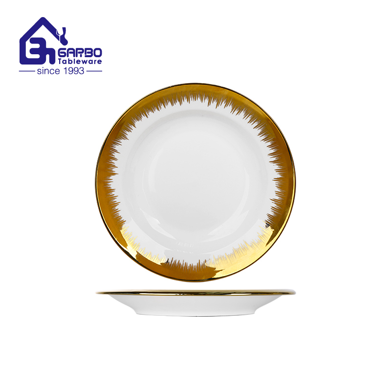 luxury Golden banded  9 inches white porcelain dishes irregular Magnolia engraving ceramic plates 