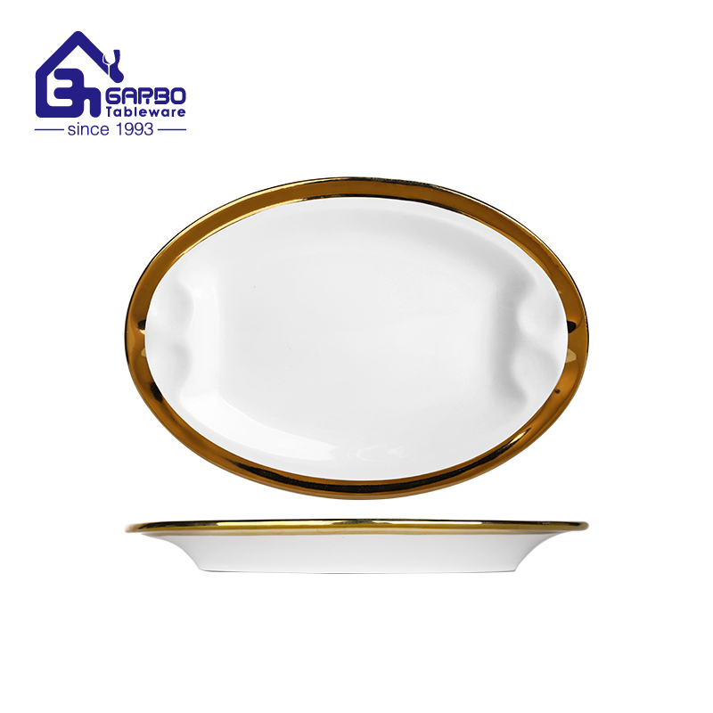 Hotel luxury fish plate white ceramic dish with gold color oval dinner plates set