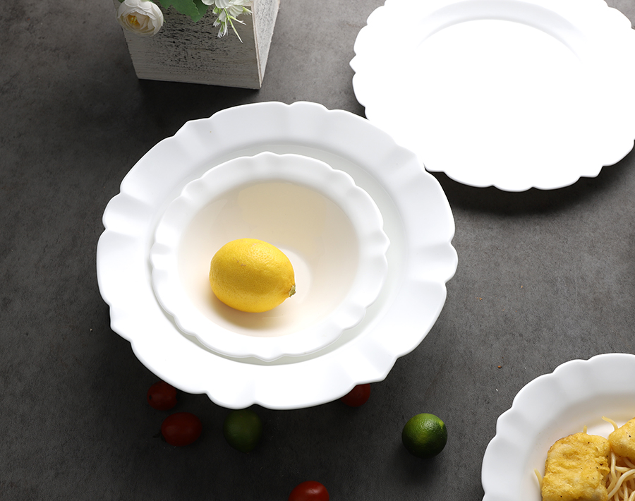 Reusable flower shaped white opal glass dinnerware plate set