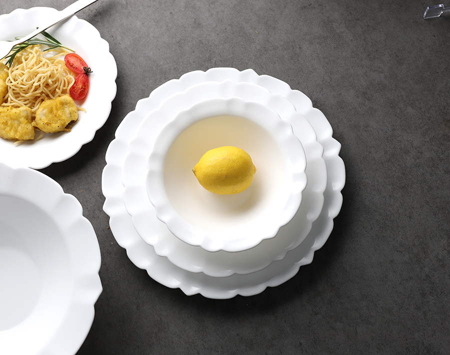 Reusable flower shaped white opal glass dinnerware plate set