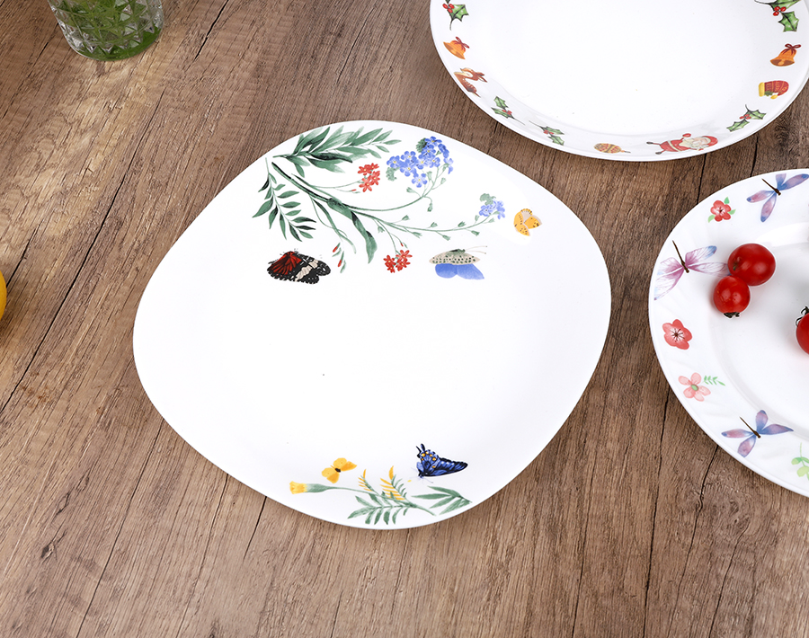 Reusable Square and Round Opal glass dinner plates with stylish decor