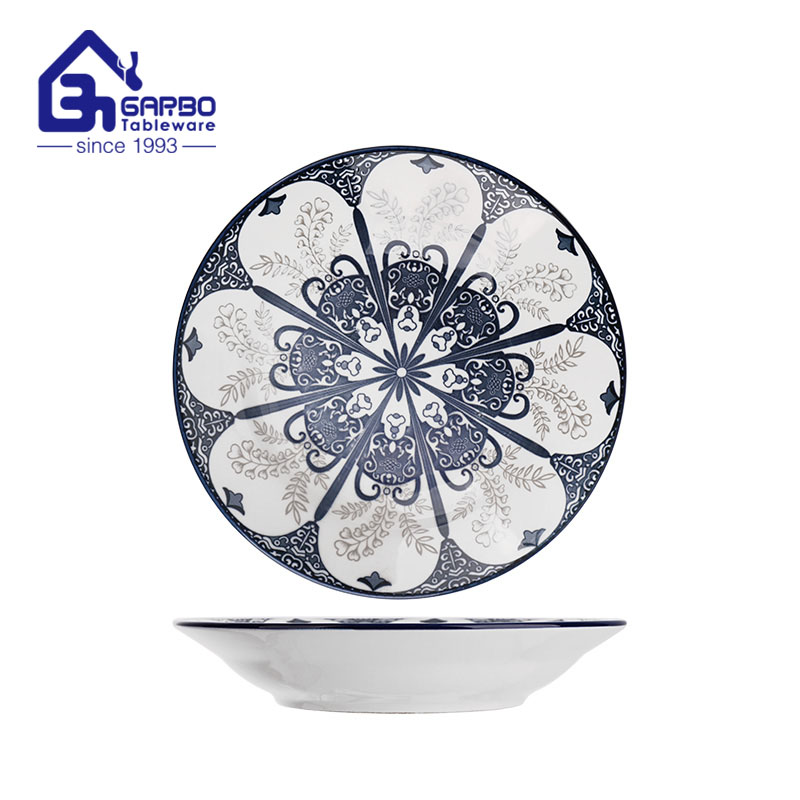 8 inch blue printing ceramic plate stoneware factory in China