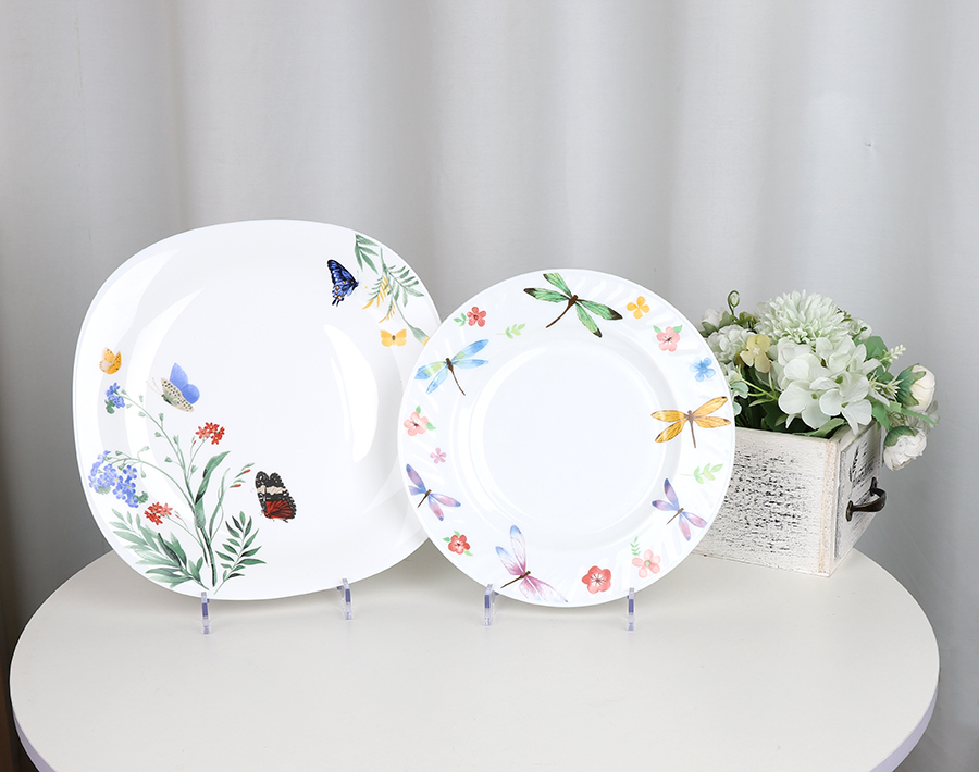 Reusable Square and Round Opal glass dinner plates with stylish decor