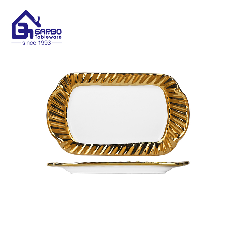 Custom  gold ceramic long dish plating 10 inch  porcelain fish plate luxury hotel dinner service dishes set