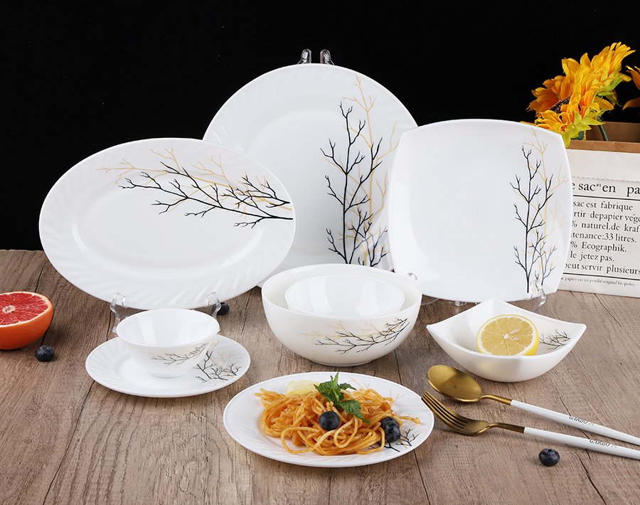 Opal factory new 84 pieces opal glass dinnerware set with stylish decor printing