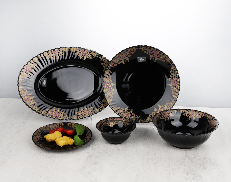 India market premium black opal glass dinner set 33pcs with flower decor from Garbo