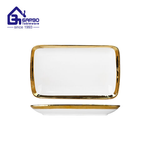 10 inches Ceramic Side Plate Serving plate Rectangle shape White Gold Rim Flat fish dish