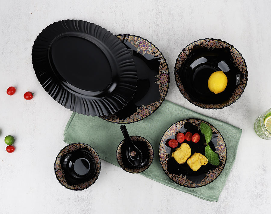 China opal factory wholesale black opal dinnerware set bulk plates and bowls