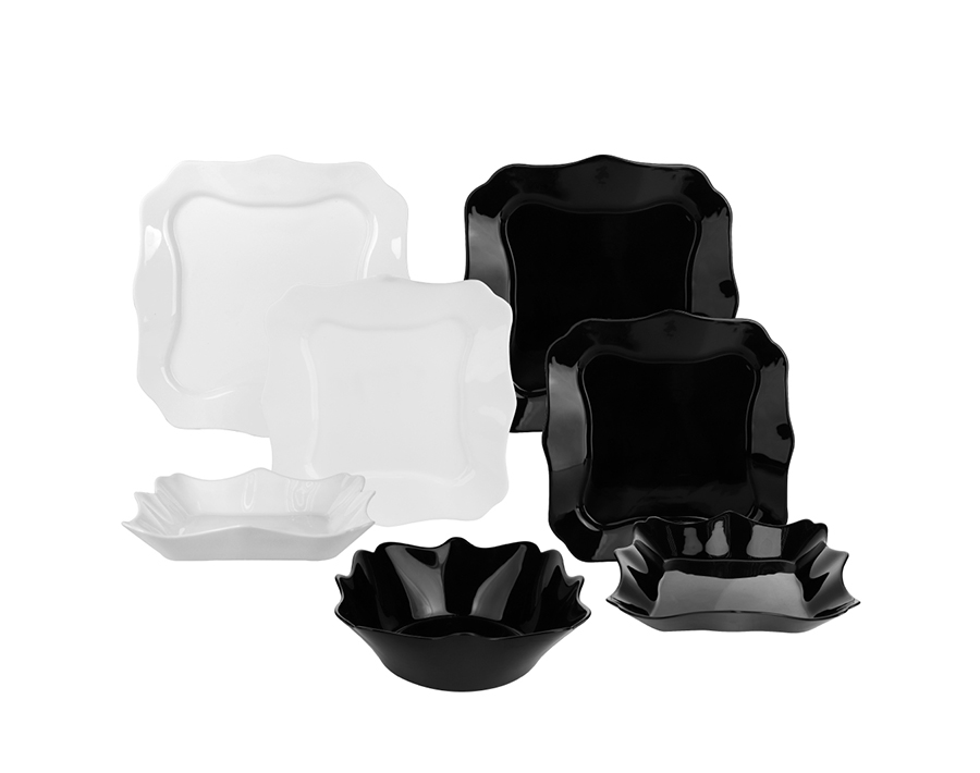 China Garbo plate serving sqaure shaped white and black opal glass dinner set 19pcs