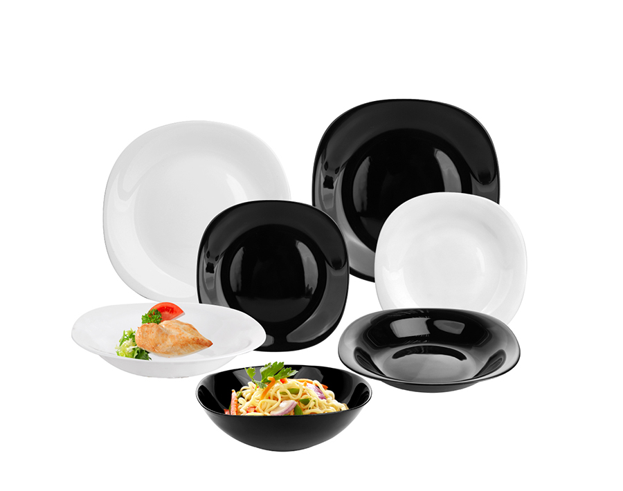 Garbo square Black White Opal Glass Dinner Set Dinnerware Modern Plates Bowls 19pcs