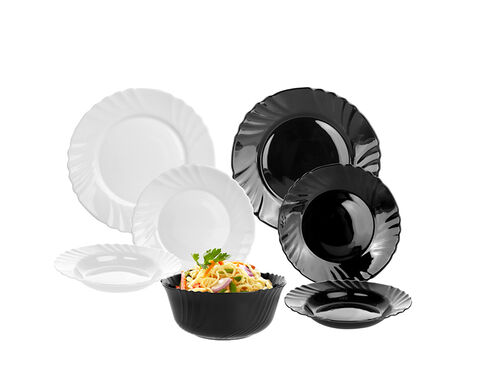 Factory round 19pcs chip and break resistant white black opal glass dinner set 