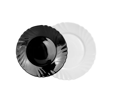 Factory round 19pcs chip and break resistant white black opal glass dinner set 