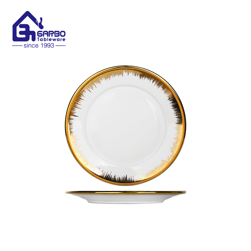 Simple modern style white gold rim dinner plate ceramic flat dish round porcelain dinner set