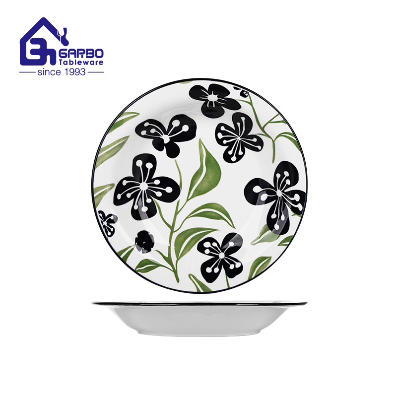 Round household use 9 inch flower design deep ceramic plate