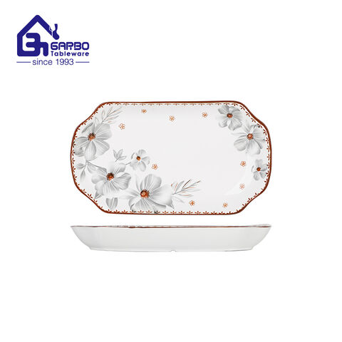 Vintage Rectangle Shape Ceramic Plate Elegant Home Decor Flower Design Porcelain Dish 