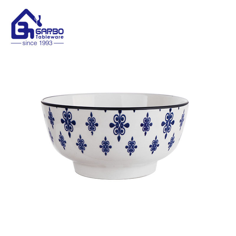 Premium 7 inch under-glazed flower design porcelain bowl with red rim