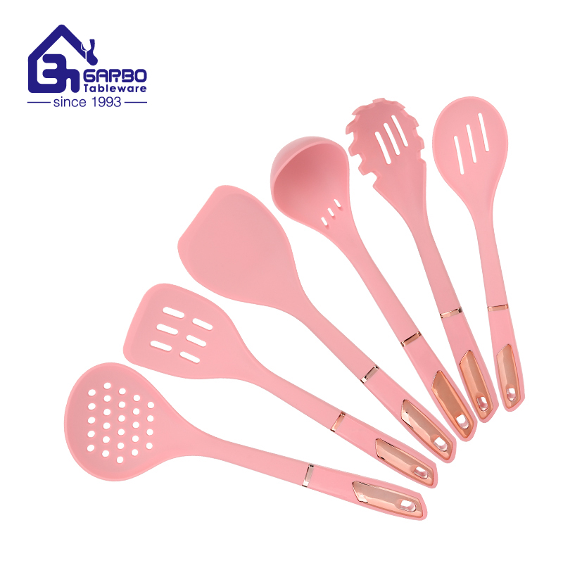 Electroplating Customized Pink Color New Design Professional 7-piece Silicone Untensil Set with ASB Handle