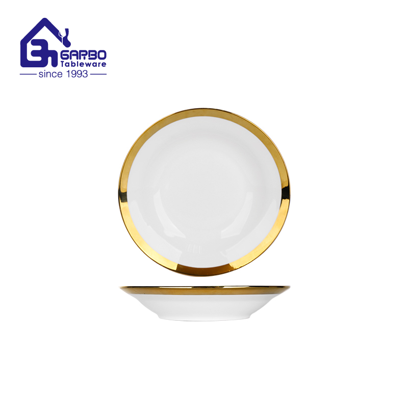 8.07 inch ceramic flat plate with electronic golden plating inside rim for sale