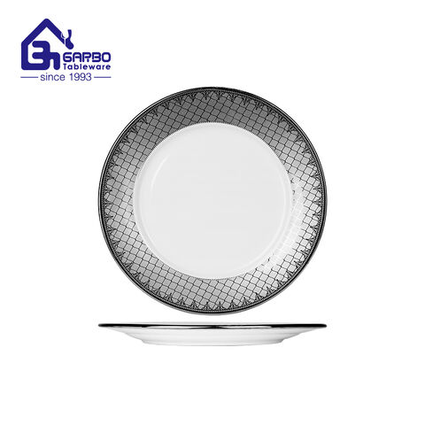 Round ceramic dish silver decal print porcelain plate for high end hotel dinnerware