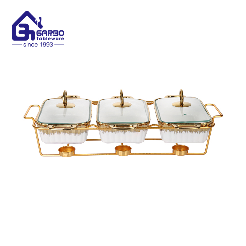 830ml sophisticated serving set consisting of three rectangular porcelain containers with glass lids golden metal frame factory from China