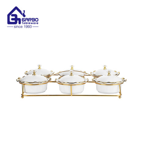 830ml sophisticated serving set consisting of three rectangular porcelain containers with glass lids golden metal frame factory from China