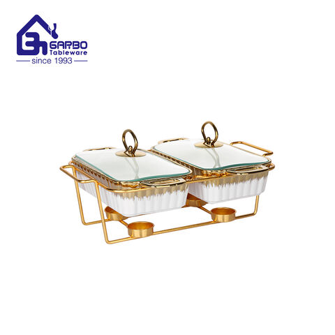 Two porcelain rectangle casserole set with cover and gold metal holder ceramic baking plate sets