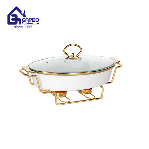 Wholesale factory ceramic casserole with gold holder baking plate with glass lid