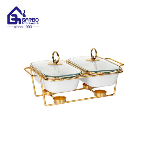 Wholesale factory ceramic casserole gold holder 690ml white porcelain baking pan 2 pieces set