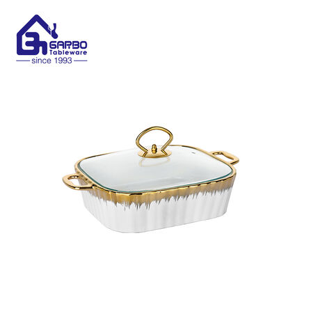 Wholesale factory ceramic casserole gold holder 690ml white porcelain baking pan 2 pieces set