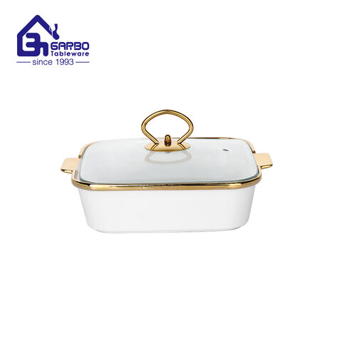 Wholesale factory ceramic casserole gold holder 690ml white porcelain baking pan 2 pieces set