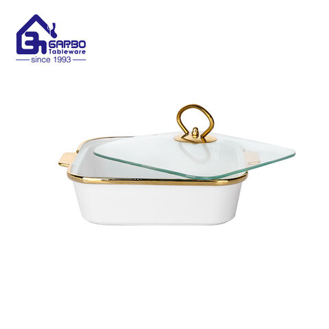 Wholesale factory ceramic casserole gold holder 690ml white porcelain baking pan 2 pieces set