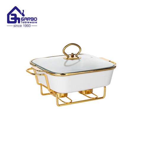 Wholesale factory ceramic casserole gold holder 690ml white porcelain baking pan 2 pieces set