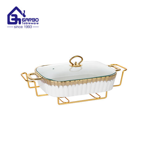 Rectangle Shape Ceramic Chafing Dish for Buffet with Glass Lid Elegant Catering Food Warmer