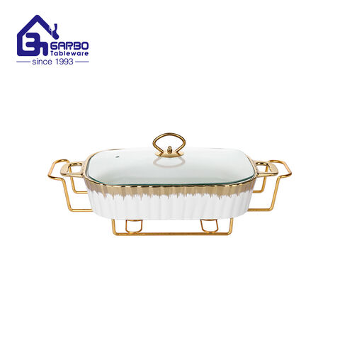 Rectangle Shape Ceramic Chafing Dish for Buffet with Glass Lid Elegant Catering Food Warmer