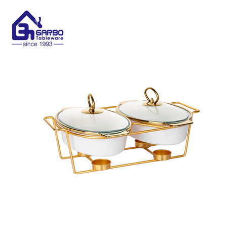 Wholesale 2pcs porcelain casseroles serving set with metal stand