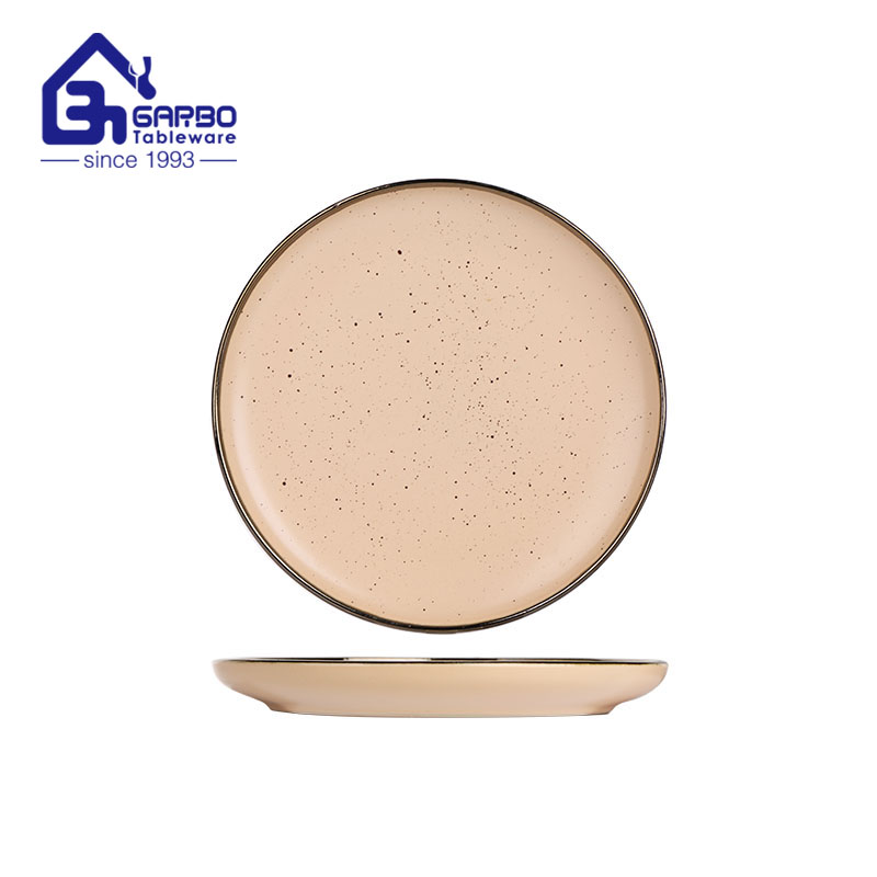 Round Empty Colored Ceramic Plate with Brown Rim 7.8-inch for Enjoying Meals