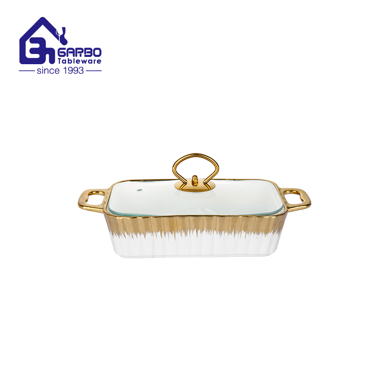 Wholesale Ceramic Casserole Dish with Tray and Glass Cover Convenient for Buffet Server