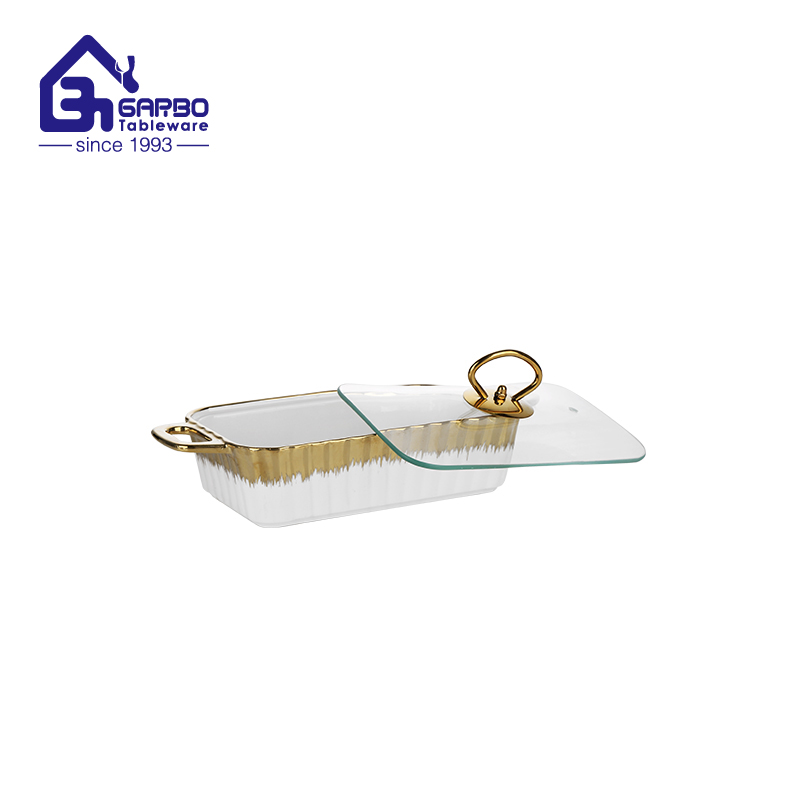 Wholesale Ceramic Casserole Dish with Tray and Glass Cover Convenient for Buffet Server