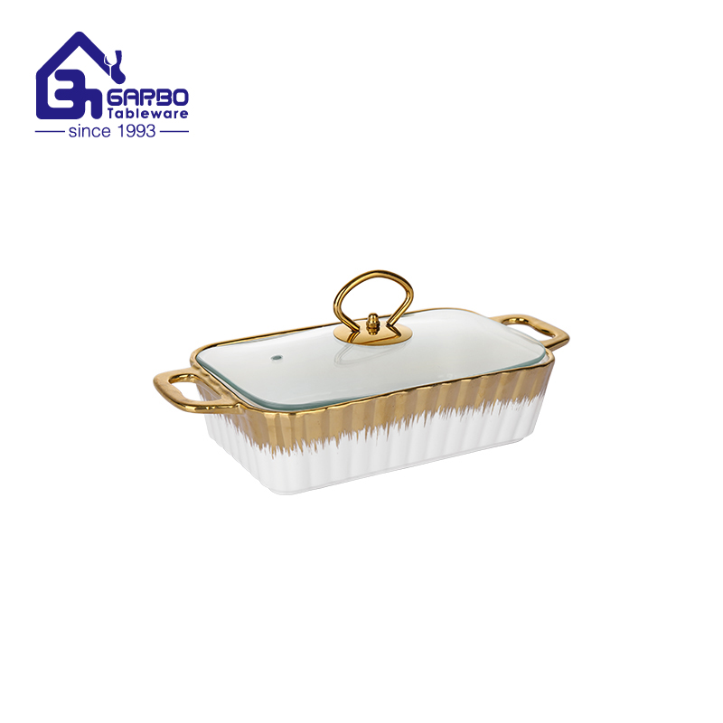 Wholesale Ceramic Casserole Dish with Tray and Glass Cover Convenient for Buffet Server