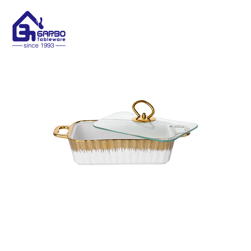 Wholesale Ceramic Casserole Dish with Tray and Glass Cover Convenient for Buffet Server