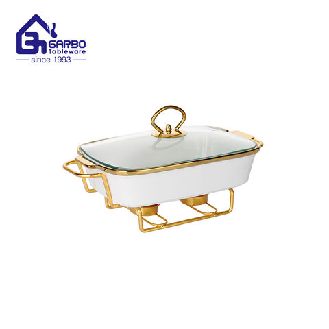 Gold holder porcelain baking casserole with glass lid Rectangular ceramic plate dinner set 