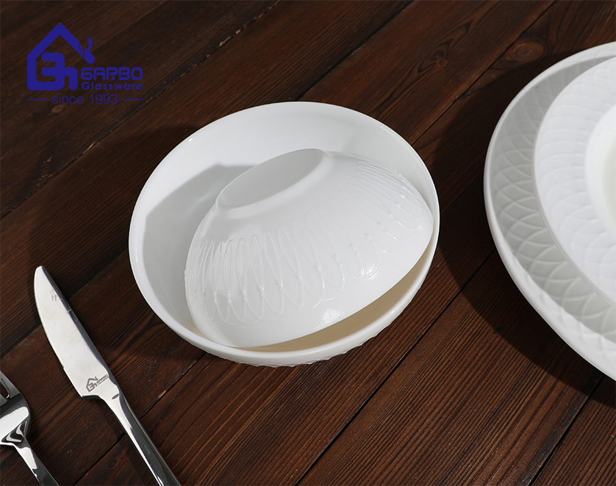 Wholesale pure white soup plate 215mm opal glass dinner soup plate 8.5inch with carved pattern